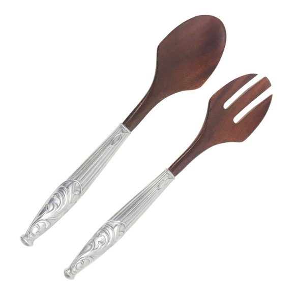 2000s Lenox Teak & Embossed Metal Salad Servers - Picture 1 of 4